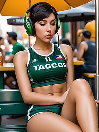 A petite latina woman with a pixie cut flashes her toned body at the NYC taco cart